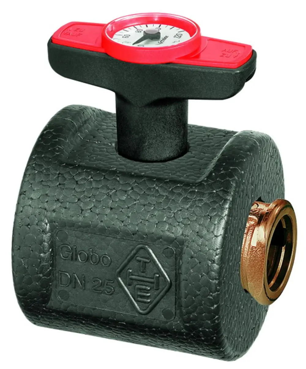 HEIMEIER Wärmedämmschale in Schwarz mit rotem Ventil und Manometer. Teile aus Rotguss. Geeignet für Anwendungen von IMI Hydronic Engineering.